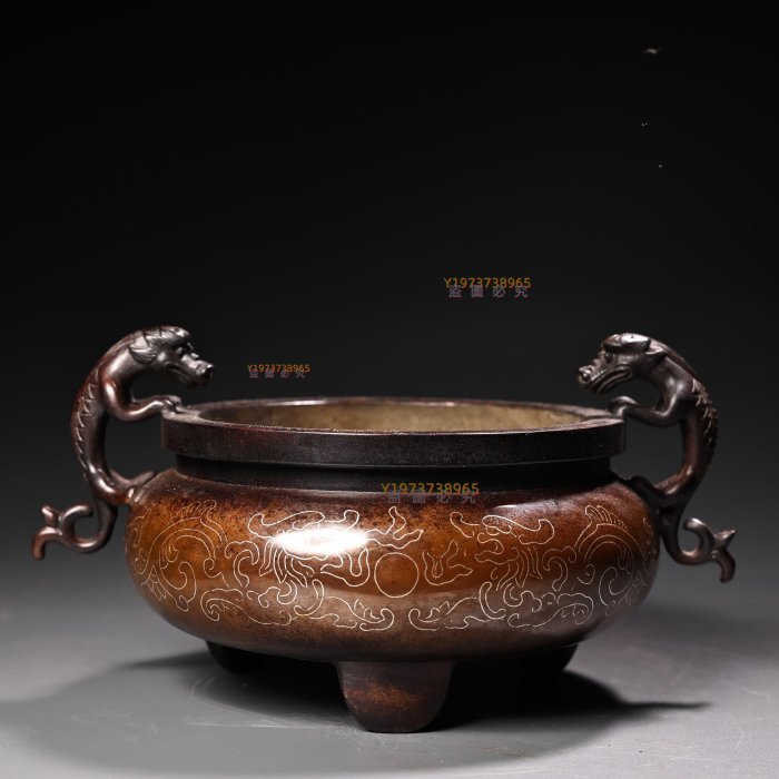 珍品紫銅純銅高浮雕鏨刻鑲嵌銀絲香爐工藝精湛器形款式精美香爐重