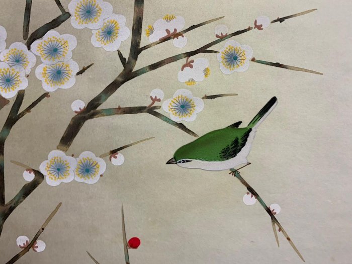 皓 人 筆 題目 【 梅 鶯 】 絹本彩色画掛軸 自題共箱 皓 人 筆 題目 【 梅 鶯 】 絹本彩色画掛軸 自題共箱