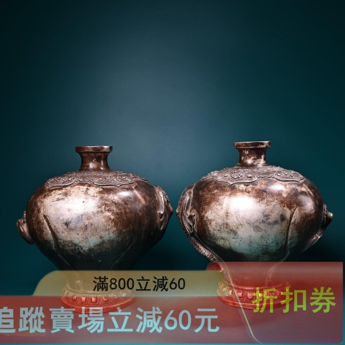 珍品舊藏收純銅高浮雕鏨刻鎏銀象花瓶工藝精湛器型款式精美重2100 古玩