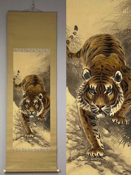 猛虎掛軸　翠石　Y281 民國初期矢部翠堂力作肉筆猛虎絹畫立軸虎畫名家藝術珍品矢部翠堂嚴選