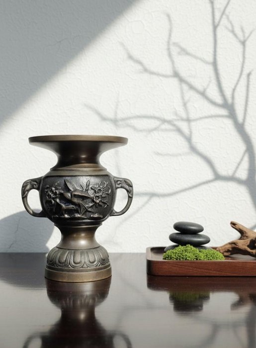 早期日本古銅器-易貞雀象耳花立銅瓶#03（古董/收藏/銅爐/香爐/銅器/擺