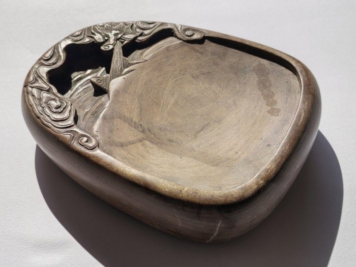 明代降州鱔魚黃澄泥硯精工鑄造16.5x13x3.5㎝ 日本回流收藏品品相完好