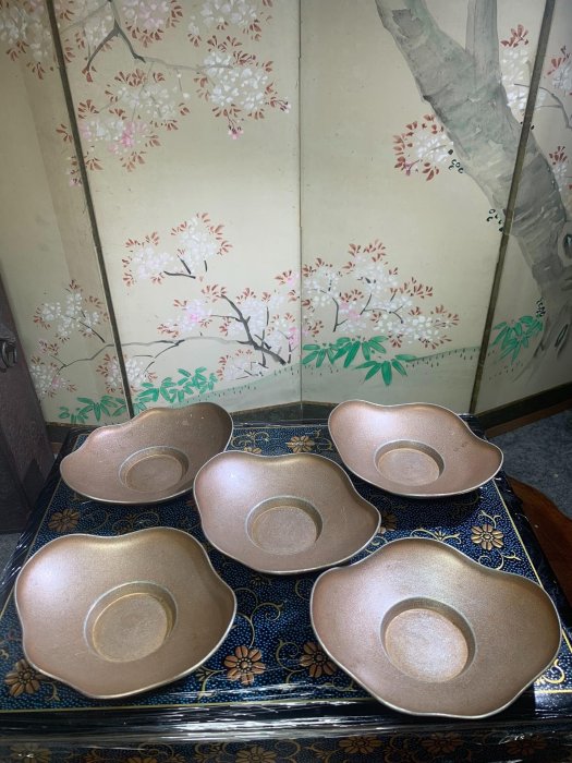 中国美術 古錫 茶托 五客 総重339g 錫 刻花卉寿字紋茶托・托子 煎茶