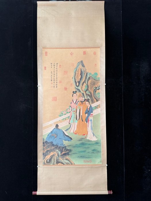 手描き 唐寅 人物図 宣紙掛軸 四尺中堂 文物125【唐寅】人物，四尺純手繪文物商中堂畫，裝裱尺寸：215*87cm