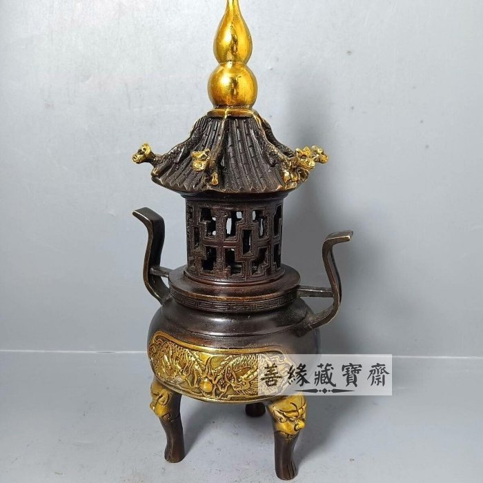 黃銅太上老君煉丹爐雙龍戲珠三足鼎家居供奉擺件熏香爐招財開運佛教道教