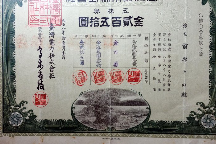 日治時期大正八年台灣電力株式會社股票五株券金貳百五拾圓有鋼印