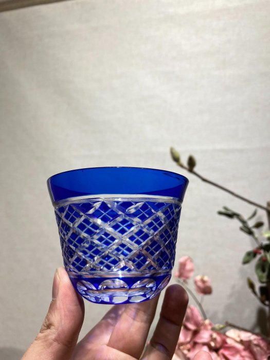 日本藍色切子杯，玻璃杯，南蠻切子，五客，手工胎，手工切割，做工精致