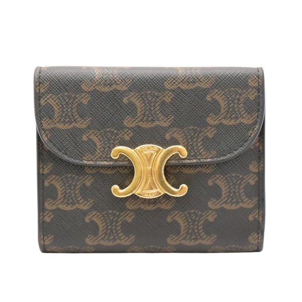 CELINE 賽琳 Small Flap 扣式短夾 棕色 Triomphe 老花帆布 10D782CQH 【二手名牌BRAND OFF】