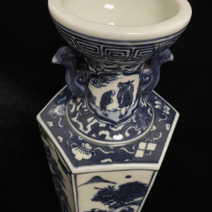 明治時期九谷燒青花六方鳳耳花瓶】嚴選日本回流藝術珍品，典雅黑花設計