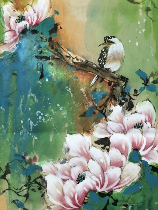 81【顏伯龍】花鳥，四條屏純手繪作品尺寸約136x34厘米未裝裱，帶水印