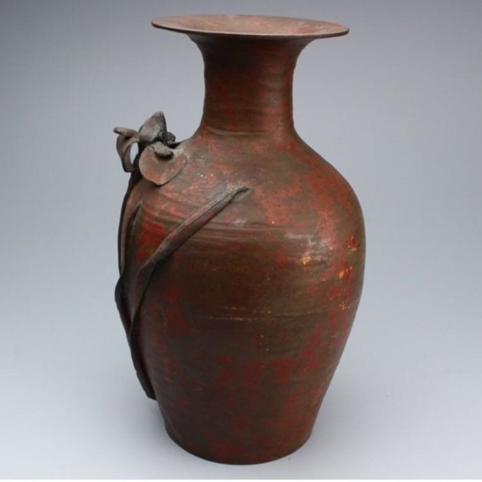 日本銅器斑紫銅菖蒲花文花瓶在銘骨董古玩古美術品古道具高30公分