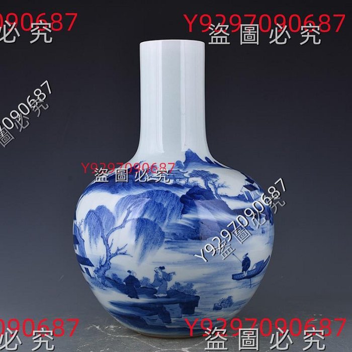清康熙青花人物山水天球瓶45×30厘米舊藏古董古玩【財神到】-254