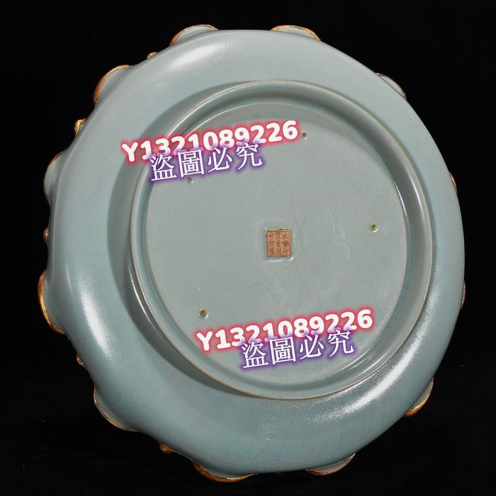 宋汝窯包口銘文鎏金刻仕女花口盤，高5厘米，直徑30厘米.300510 官窯汝