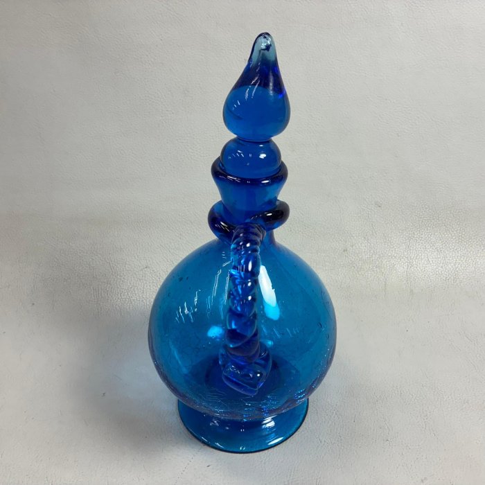 藏舊尋寶屋】老日本沖繩琉球藍色玻璃水壺/花瓶具有獨特的壺蓋和帶紋理