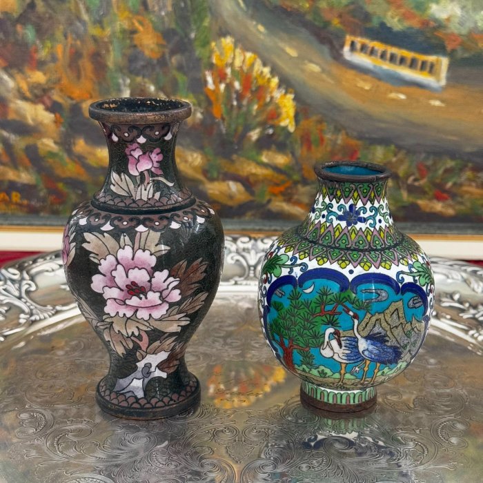 旧家珍蔵品・銅製・景泰藍・琺瑯彩・花紋・立馬發財』極細工・置物・古