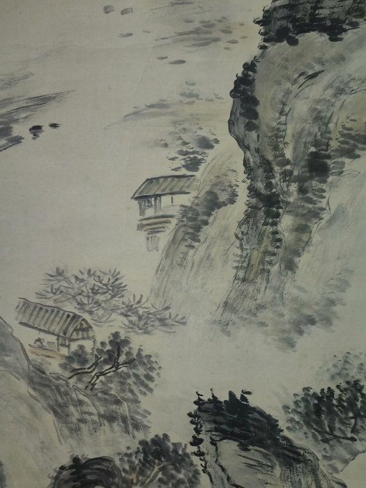 江口周五郎號雨堂1897年嚴選手繪水墨風景畫，紙本綾裱豆青瓷軸，畫工
