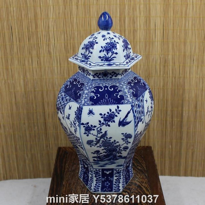 香緣館清乾隆年製青花花鳥六方將軍罐家居擺件收藏仿古瓷器古董古玩gyt