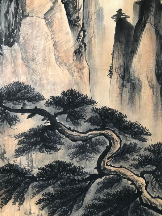 04【錢松巖】山水，四尺手繪帶書信作品，雕花軸頭裝裱好尺寸：229*82cm