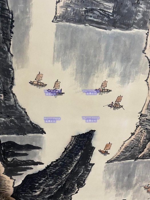 手描き 李可染 山水図 宣紙掛軸 四尺中堂 編號KAN49四尺帶信郵票中堂畫李可染山水畫純手繪一圖—物裱好尺寸高
