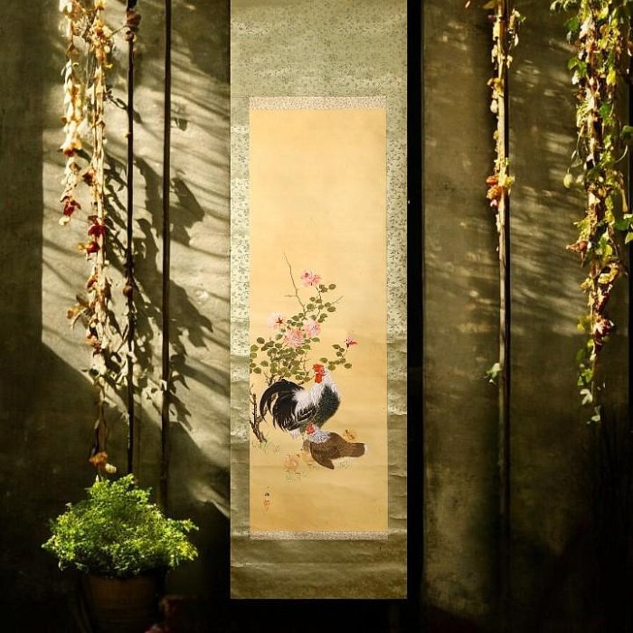 2/20結標日本美術院国見一邦絹本薔薇群雞PCC0622 -軸畫茶掛書法絹本