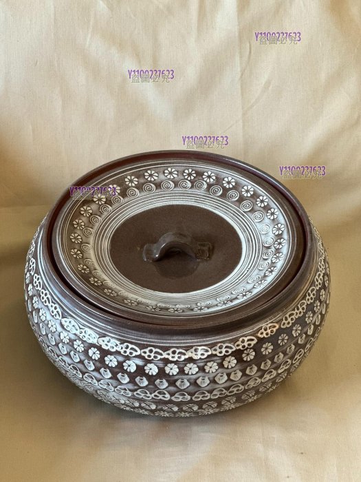 日本三島手手作雕刻紋大水水指建水陶器古美術作品收藏茶罐陶瓷帶蓋刀刻