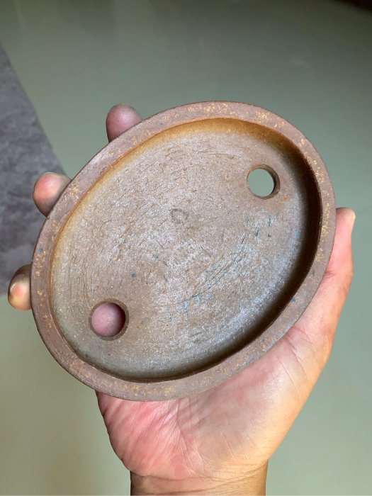 ◇盆栽・植木鉢 平安虹泉 梨皮泥内縁楕円鉢 初期の窯印