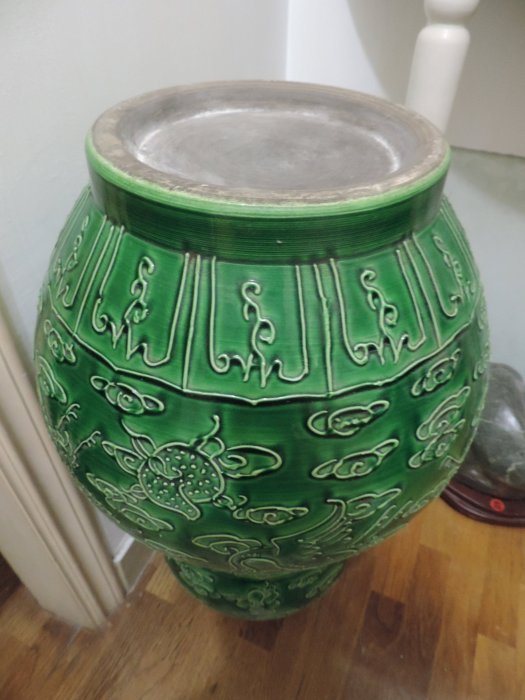 早期收藏~浮雕綠釉瓷法華彩發葫蘆瓶孔雀綠釉燒鑲嵌雲紋鳳凰超大葫蘆大