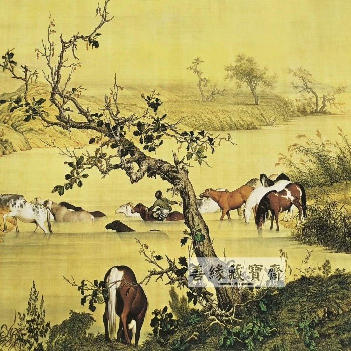 清朝郎世寧百駿圖復刻長卷畫古玩字畫國畫收藏百馬圖家居裝飾手繪工筆