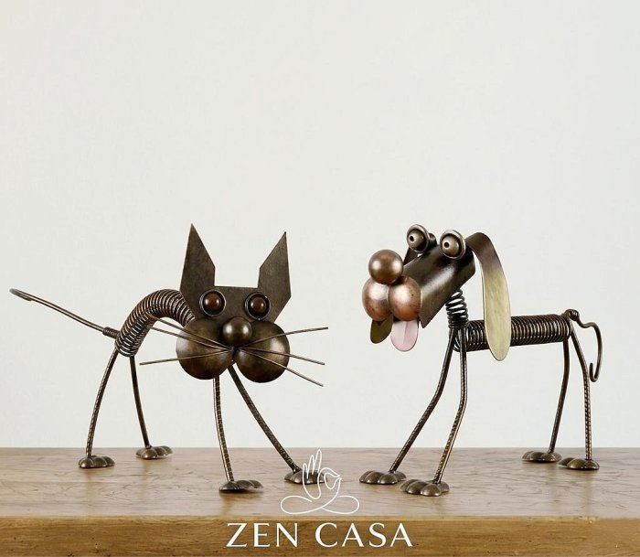 ZEN CASA】鐵皮彈簧拼裝動物玩具狗貓*工業風金屬動物雕塑擺飾品一對
