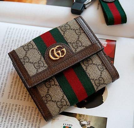 【折扣現貨】正品Gucci Ophidia GG WALLET復古緹花布老花 綠紅綠 棕色 折式短夾523173