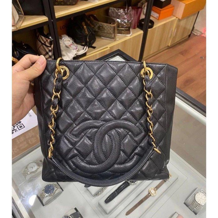 CHANEL PST系列經典雙C LOGO菱格 荔枝紋 牛皮 金鍊肩背托特包
