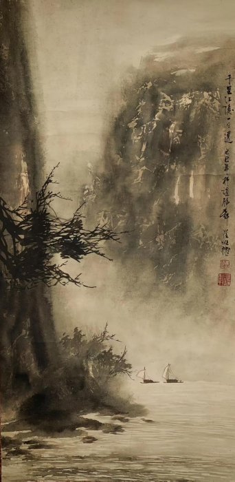 崔明禮山水風景手繪真跡國畫掛軸，高級手工裝裱推薦文人茶室國畫屏風