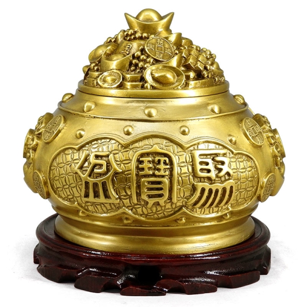 吉祥開運坊】銅聚寶盆系列【銅製聚寶盆含蓋大尺寸附五色石五帝錢