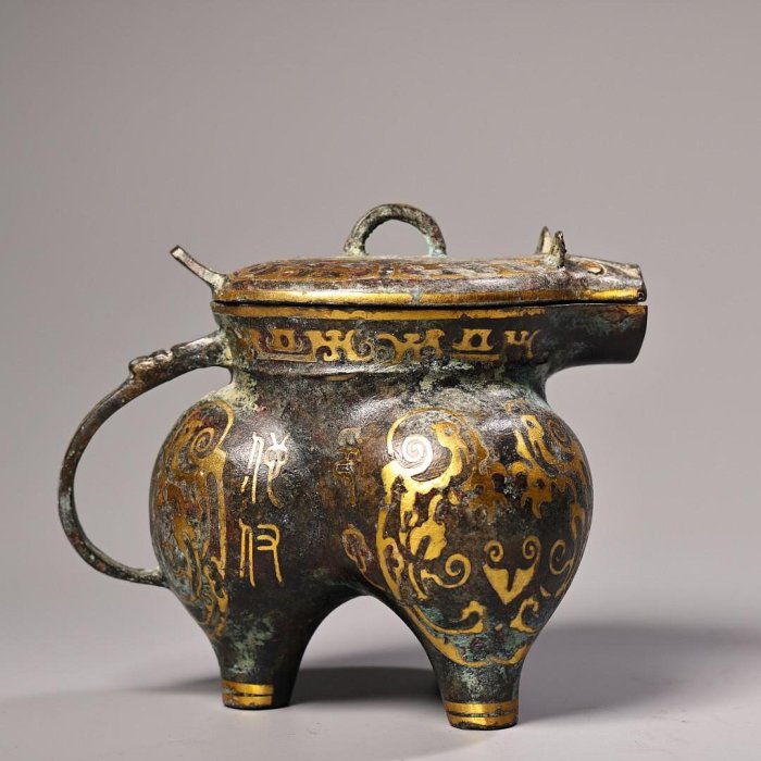青銅器錯金三足酒壺分酒器皿工藝精湛器形款式精美重800克高12厘