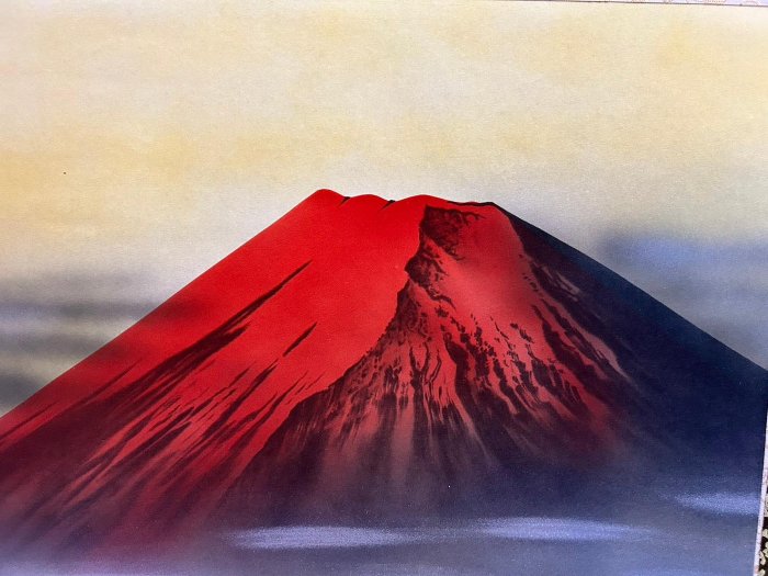 藏舊尋寶屋】老日本秀峰作落款「赤富士圖」畫軸/掛軸《絹本·手繪》 附