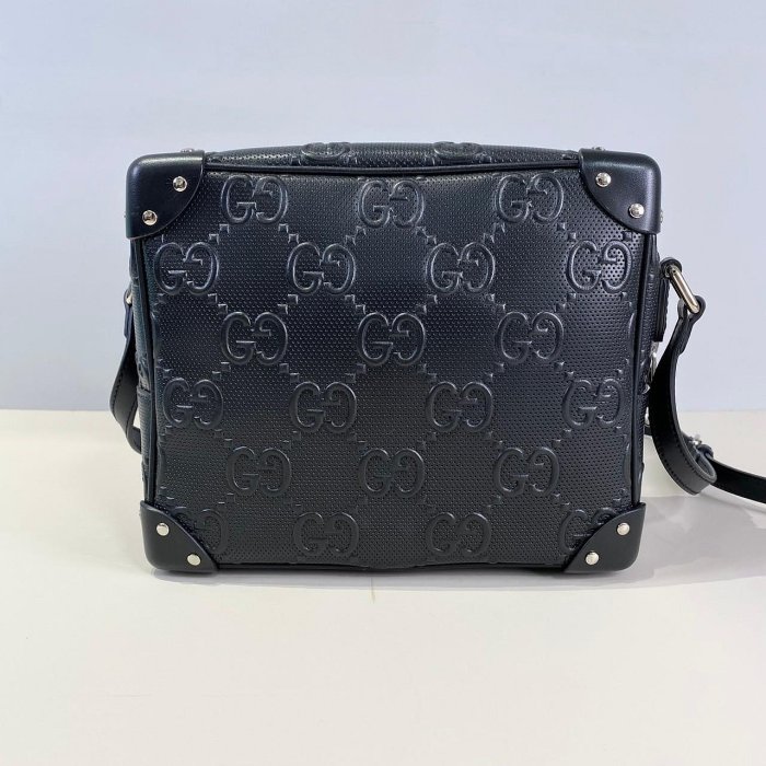 【翰貝格名牌館】二手真品 GUCCI 黑色 壓紋皮革 軟箱子包 行李箱包 626363