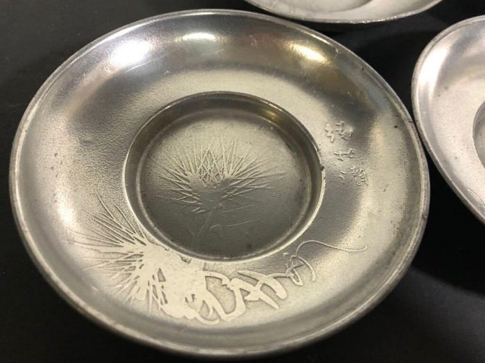 嚴選日本大阪乾茂號錫制茶托五件組，經年累月古董收藏，