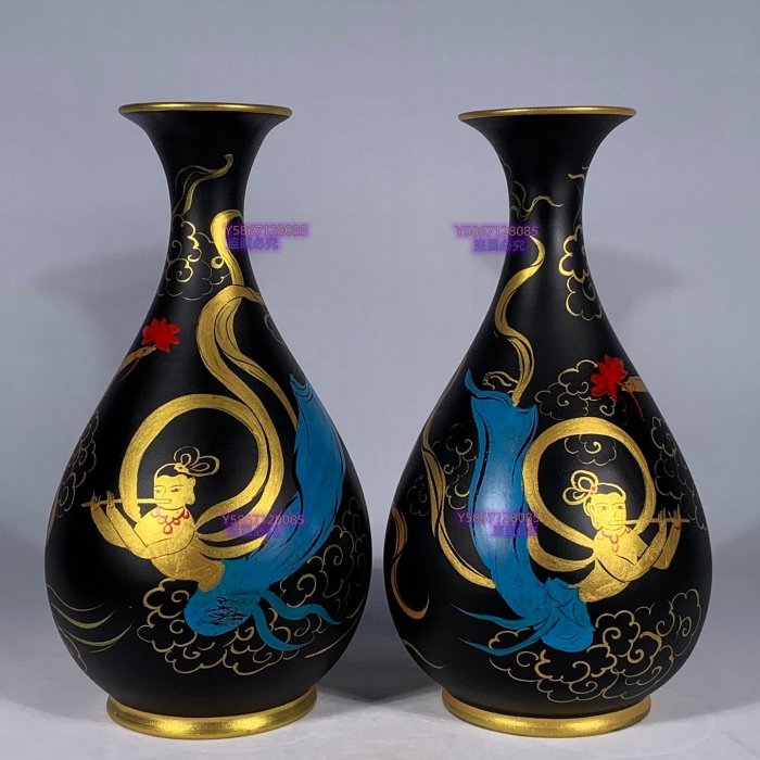 宋汝窯大漆彩繪飛天仕女螺鈿玉壺春瓶（有補圖）高28直徑14cm，8001493