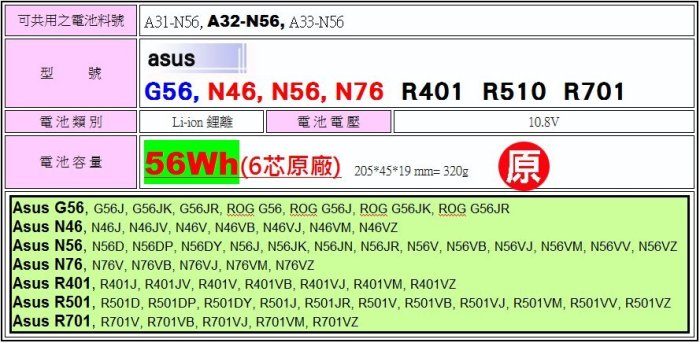 原廠電池 華碩 A32-N56 Asus R501VJ R501VM R501VV R501VZ R701 R701V | Yahoo拍賣