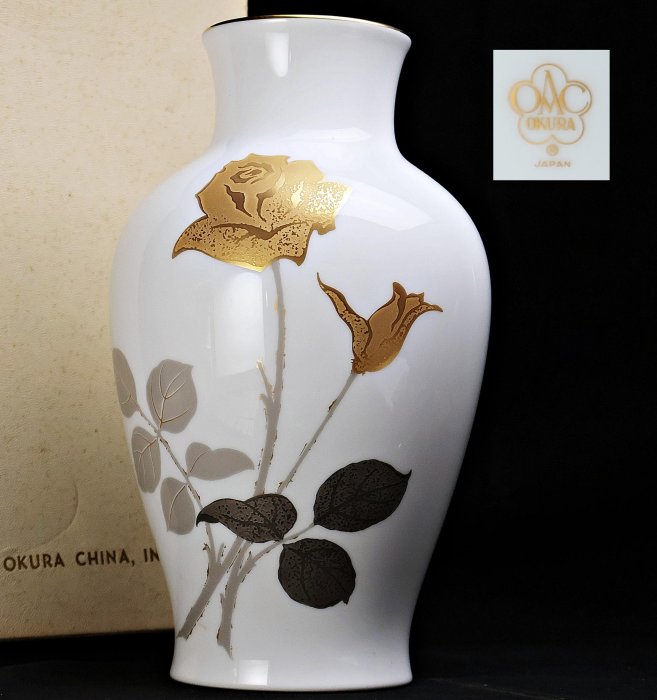 桑園の】日本頂級美瓷大倉陶園OKURA 純金箔金蝕玫瑰薔薇骨瓷花瓶27cm
