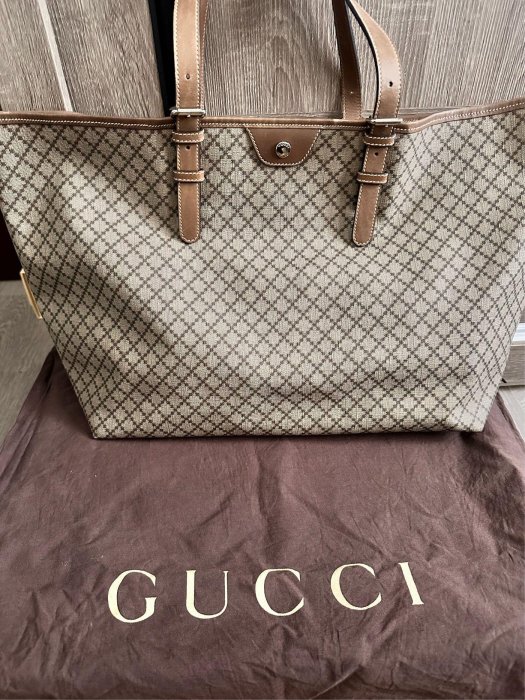 咖啡色菱格PVC Gucci大托特包