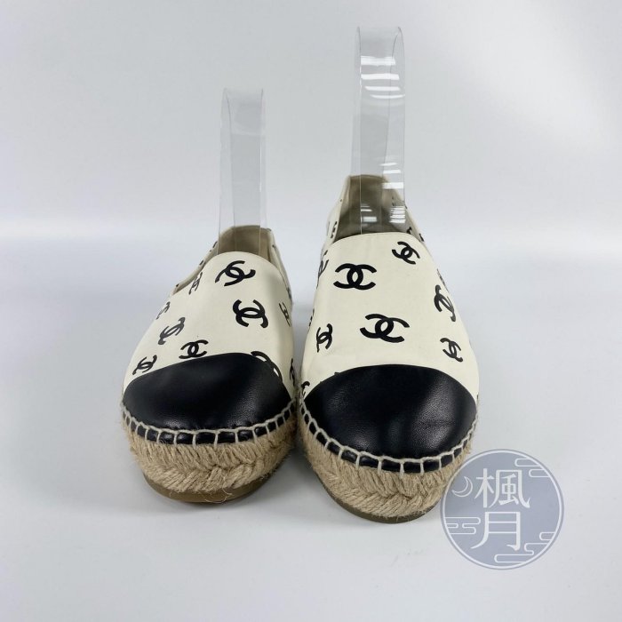 CHANEL G38628 白底黑 LOGO 草編鞋 #41B