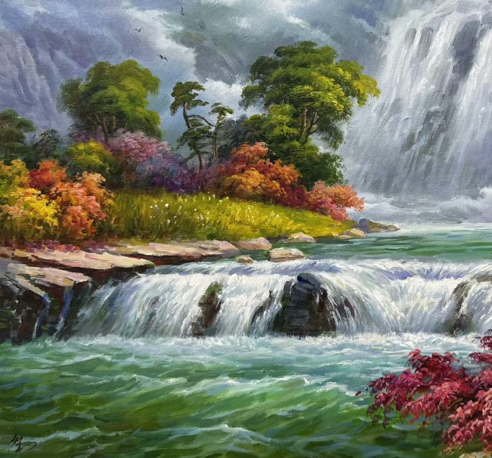 純手繪油畫山水風景畫尺寸54×37 畫面精美瀑布飛流直下山間小溪潺潺色彩