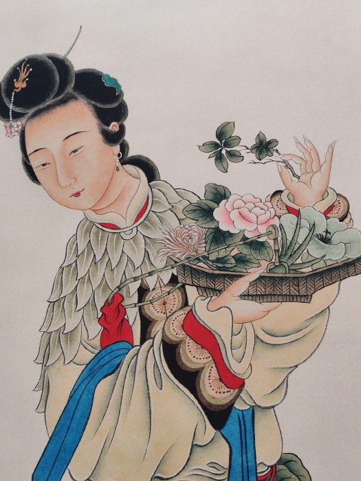 編號AQL167大四尺中堂，作舊帶證書，帶防偽作品天女圖作者張大千材料