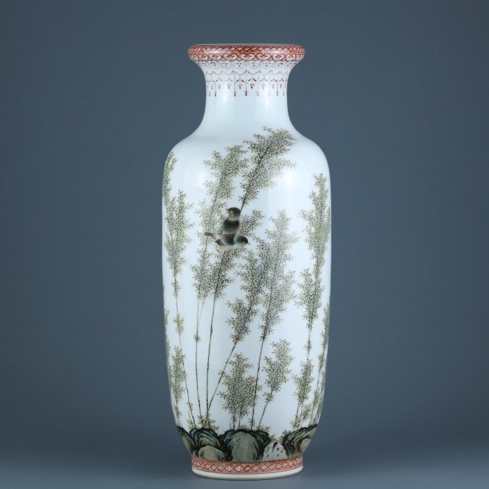 悅年堂--- 民國珠山八友徐仲南粉彩竹鳥紋捲口瓶ㄧ對| Yahoo拍賣