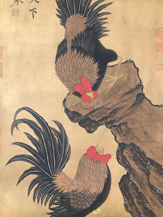 A絹08【唐寅】雞，三尺絹布手繪中堂畫，裝裱尺寸204*70cm左右，畫芯