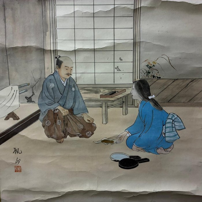 藏舊尋寶屋】老日本畫家作落款「古今和歌集」水墨畫詩詞掛軸/畫軸/掛軸