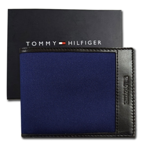 【Tommy】Tommy Hilfiger 男皮夾 短夾 牛皮夾 牛皮+藍色帆布設計 品牌盒裝／藍+黑