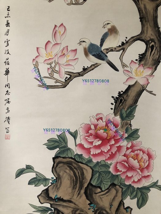 PA35【王雪濤】花鳥，四尺扇面精裱純手繪中堂畫，裝裱尺寸232*89cm左右