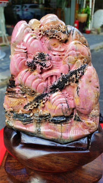 台灣花蓮玫瑰石精品三棧溪玫瑰石立體山水雙面精雕擺件| Yahoo拍賣